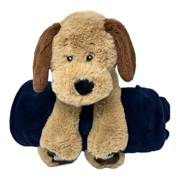 Soft Plush Puppy Dog Fleece Blanket Tan Brown Blue Lovey Lovie Stuffed Animal - Picture 1 of 11